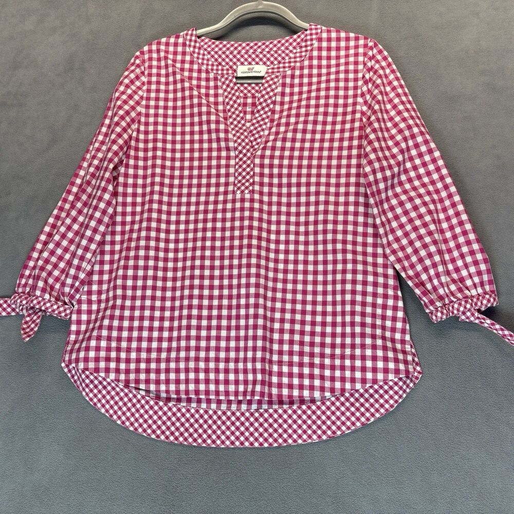 Vineyard Vines Pink Gingham Top Size Medium Cotton Tie Sleeve 3/4 Sleeve Blouse - Picture 2 of 9